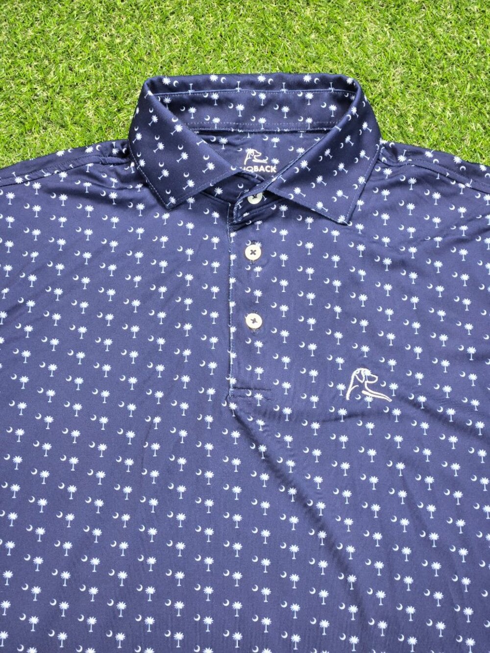Rhoback Polo Shirt Mens Small Blue Palmetto Tree Crescent Moon Golf Performance